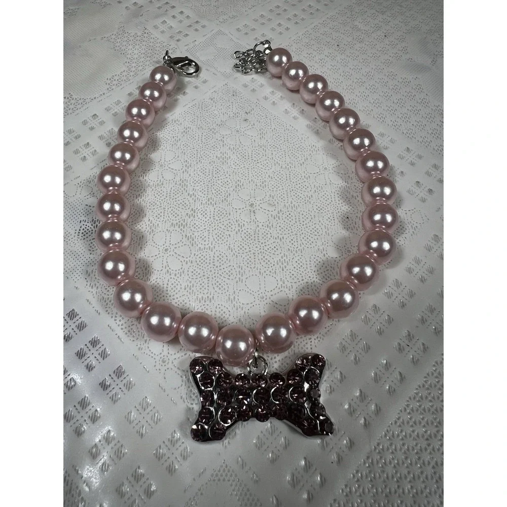 Fancy Pearls Crystal Dog Necklace Jewelry With Rhinestones Big Charm Sz SMALL